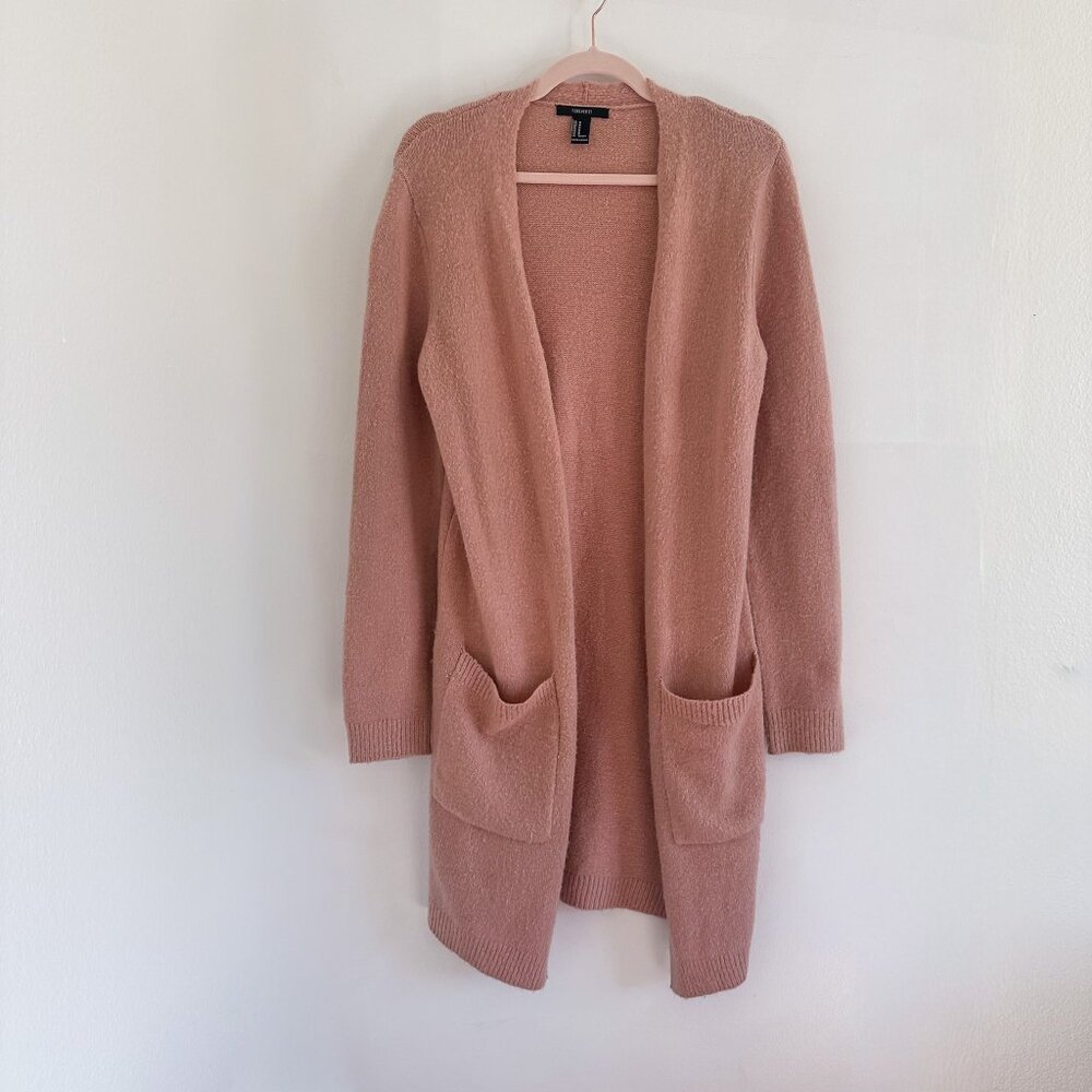 Forever 21 Patch-Pocket Cardigan Long Sweater Size M Mauve Pink / Taupe